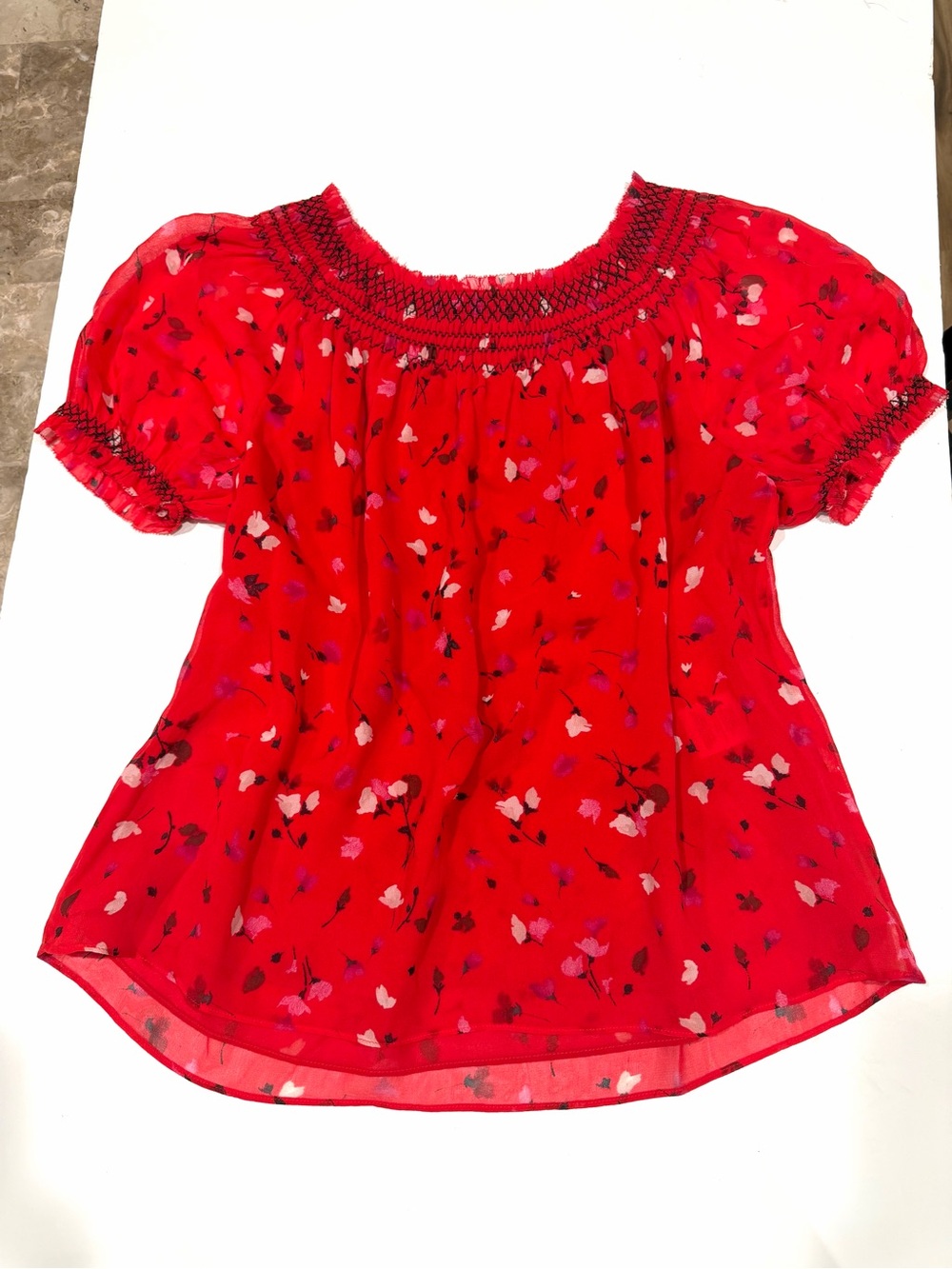 Joie Red 100% Silk Floral Smocked Puff Sleeve Blouse Top XS